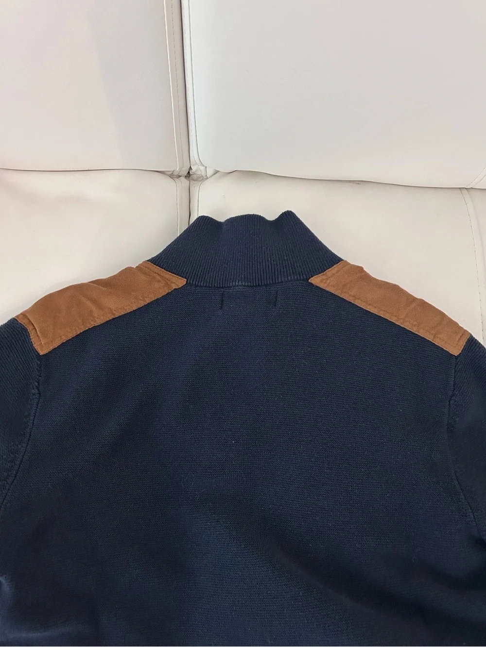 Banana Republic Navy Half-Zip Sweater with Brown Suede Shoulder Patches